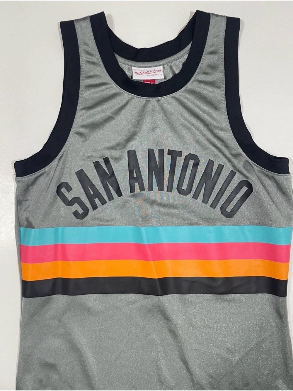 Spurs San Antonio Retro Stripe Basketball Jersey - Gray with Teal, Pink & Orange - Picture 3 of 5